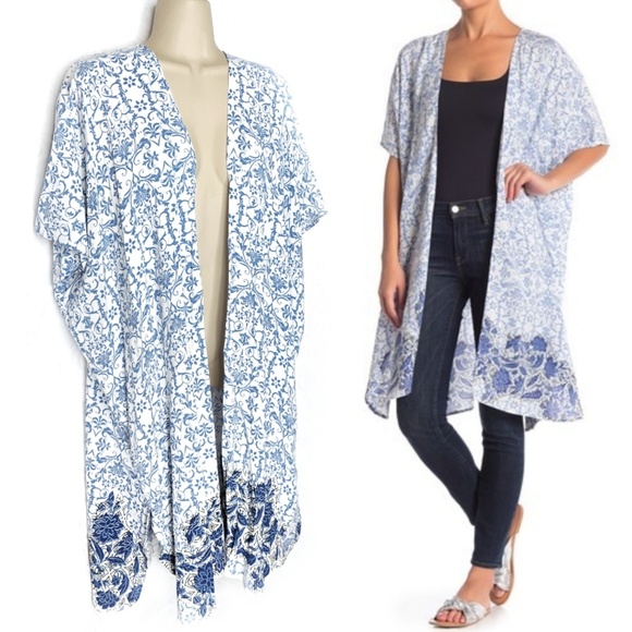 Angie Other - Angie Long Boho Blue and White Printed Kimono NWT